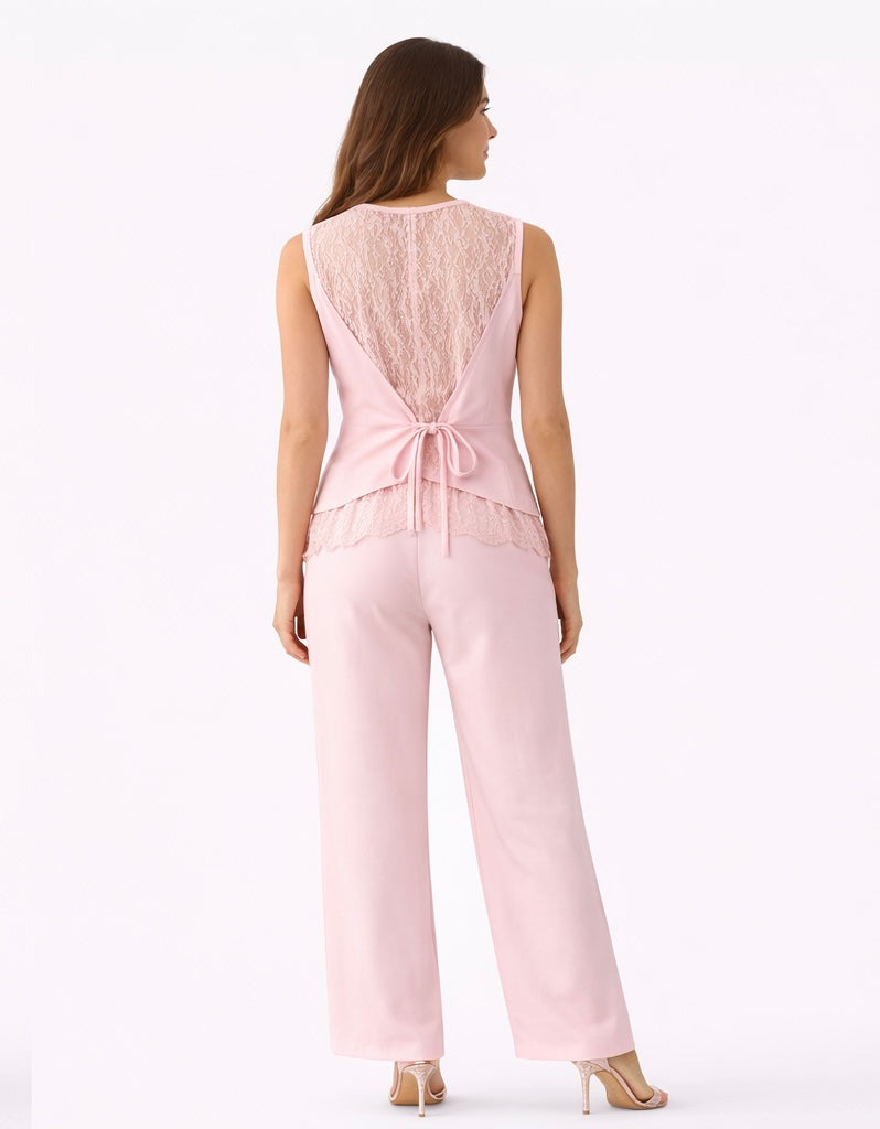 Tailored Vest & Wide-Leg Pants Set  - Blush Pink , White