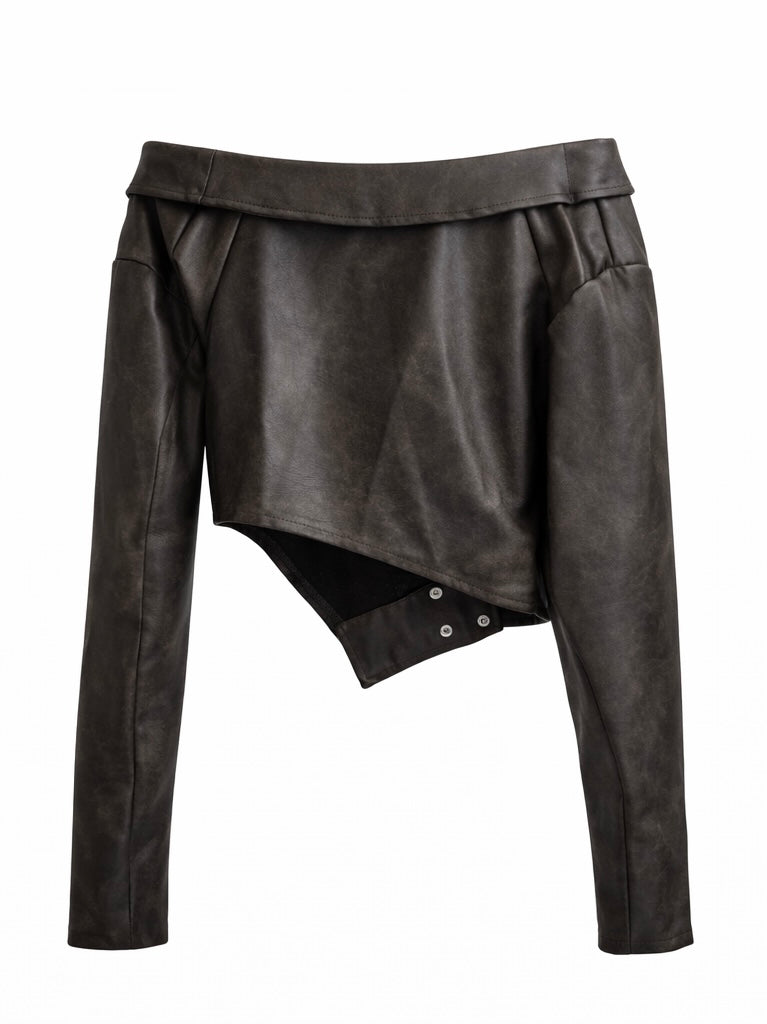 Off-Shoulder Cropped Faux Leather Biker Jacket – Dark Brown