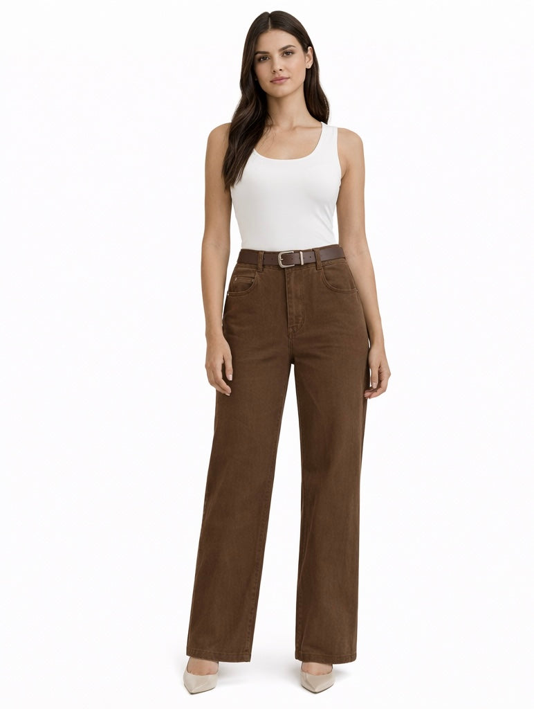 High-Waisted Straight-Leg Pants with Belt – Brown