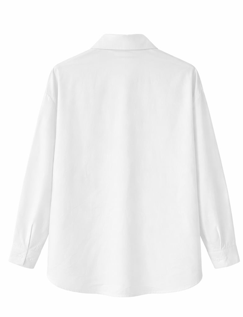 White Button-Up Shirt with Brown Leaf Appliqué