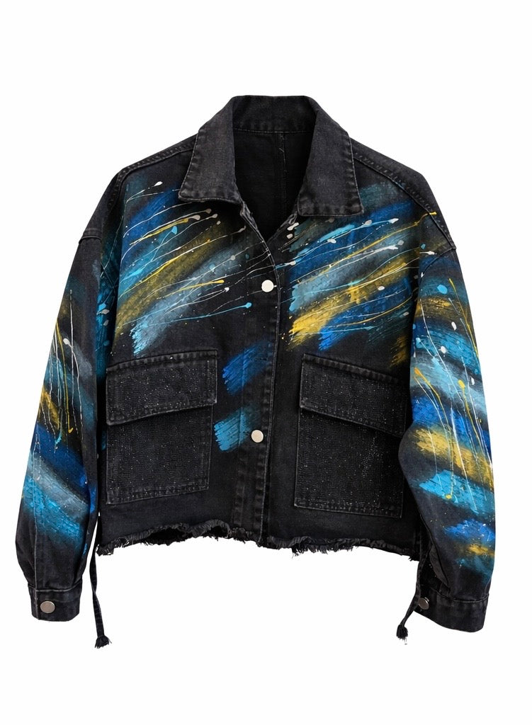 Abstract Galaxy Hand-Painted Black Denim Jacket