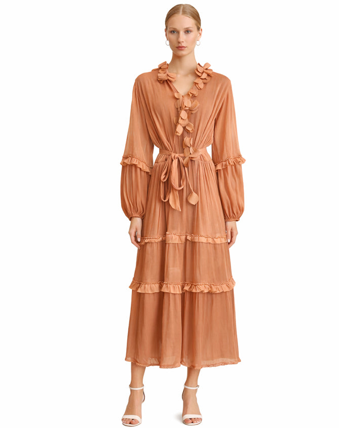 Dress Long Satin , Bronze & White