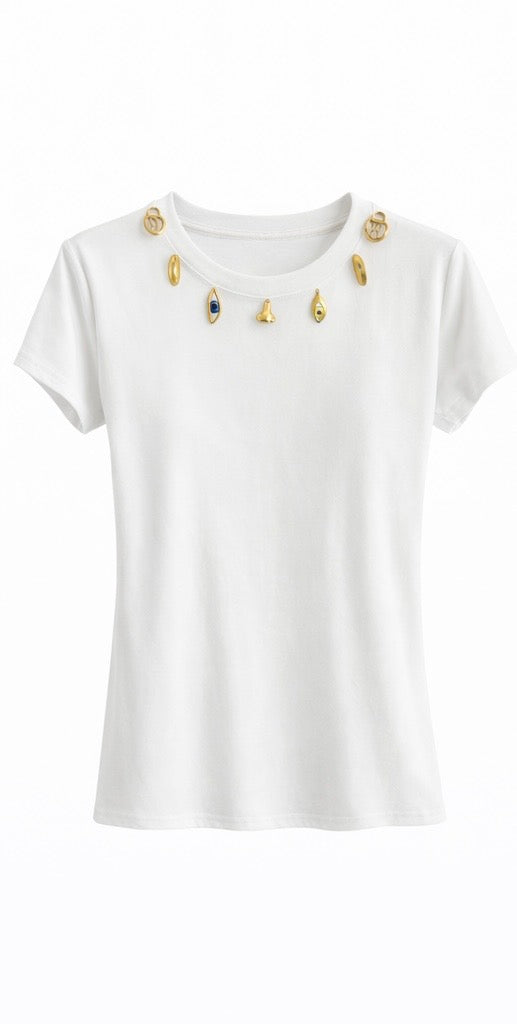 Charm Embellished Short Sleeve Top - Black , White , Brown