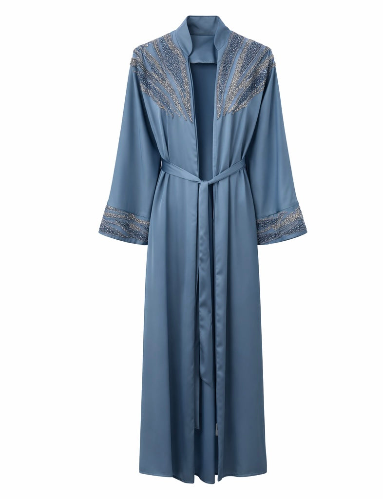 Embroidered Satin Open Abaya with Matching Waist Belt – Dusty Blue