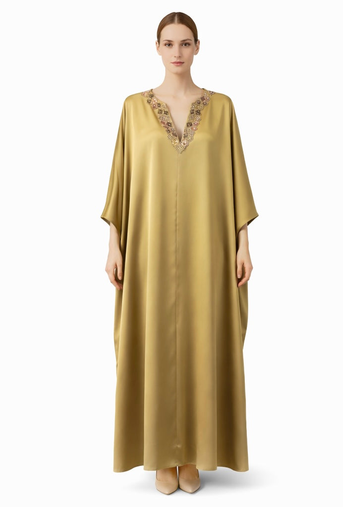 Olive Gold Silk Kaftan with Beaded Neckline