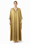 Olive Gold Silk Kaftan with Beaded Neckline