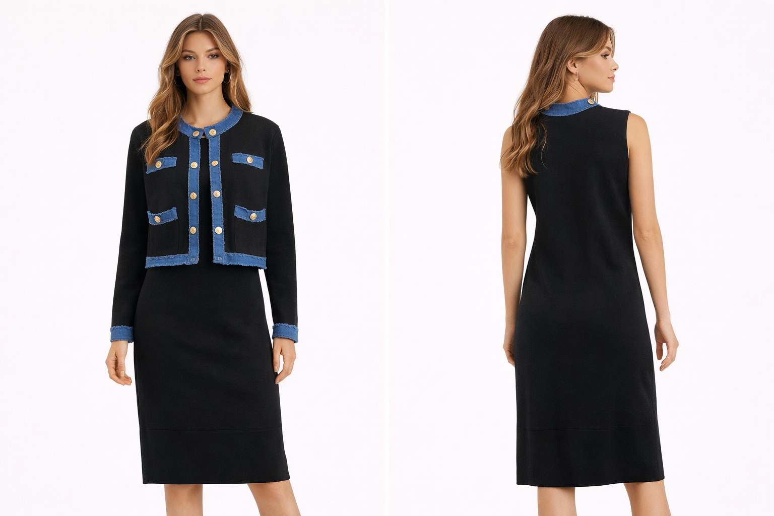 Modern Gold-Button Jacket & Dress Ensemble Black