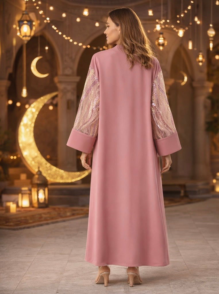 Sophisticated Open Abaya in Blush Pink with Embellished Sleeves