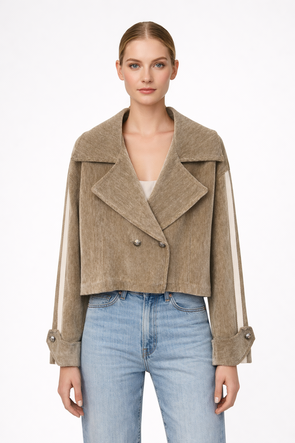 Striped-Sleeve Cropped Corduroy Jacket Taupe