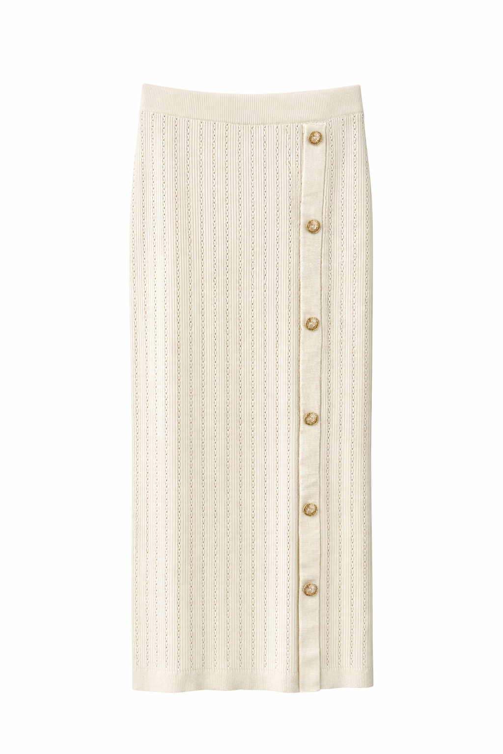 Slim Fit Ribbed Knit Button Detail Top & Maxi Skirt Set – White / Beige