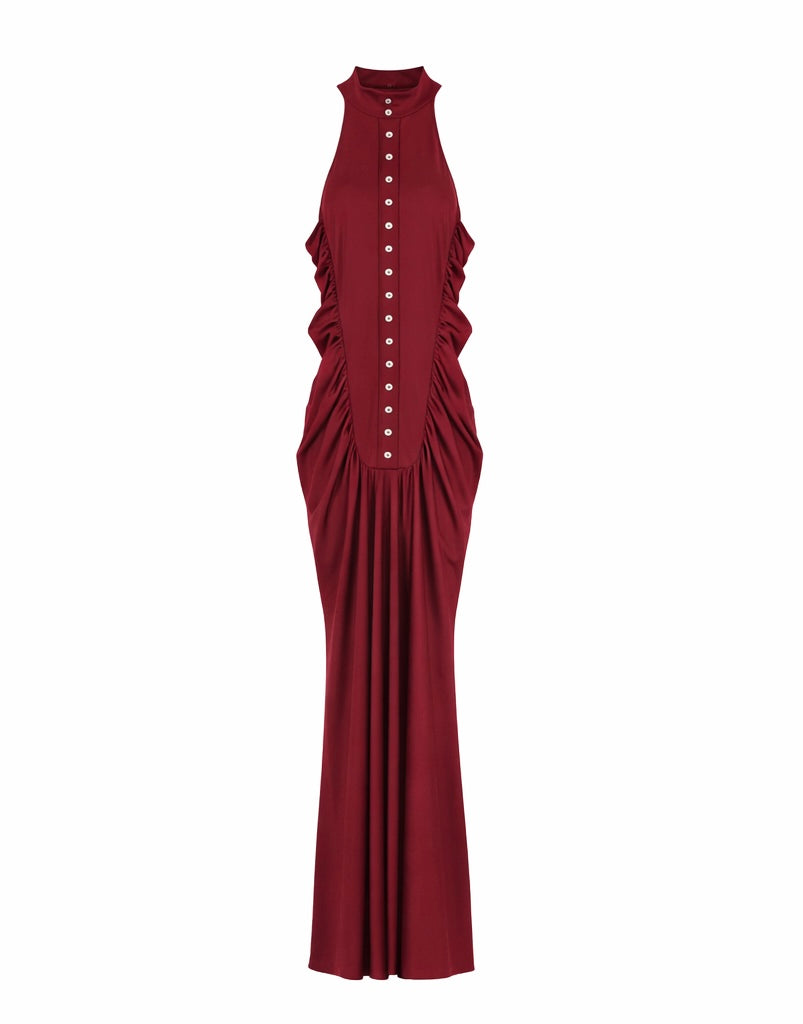 Signature Ruched Halter Gown – Deep Brown & Burgundy