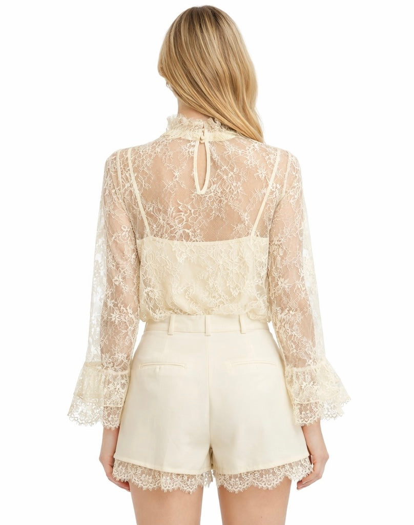 Elegant Lace Long Sleeve Top with Shorts Set