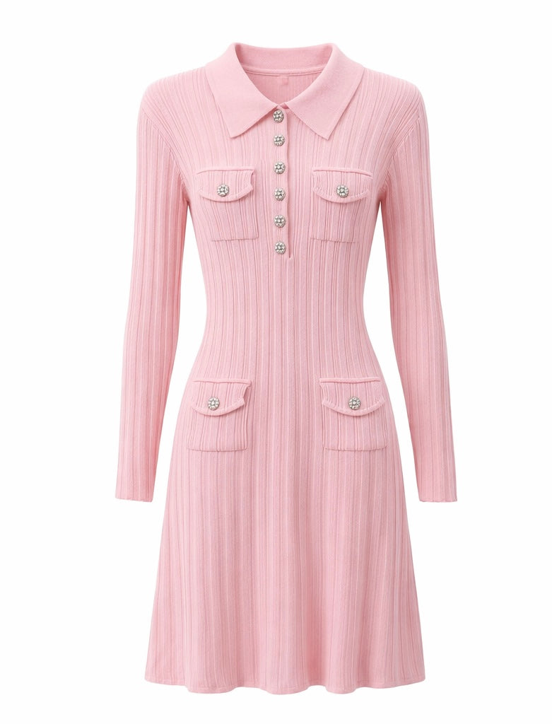 Pink Ribbed Long-Sleeve Knit Dress