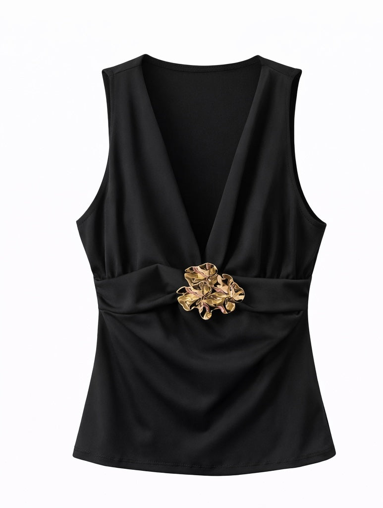 V-Neck Top with Gold Brooch - White . Pink . Black
