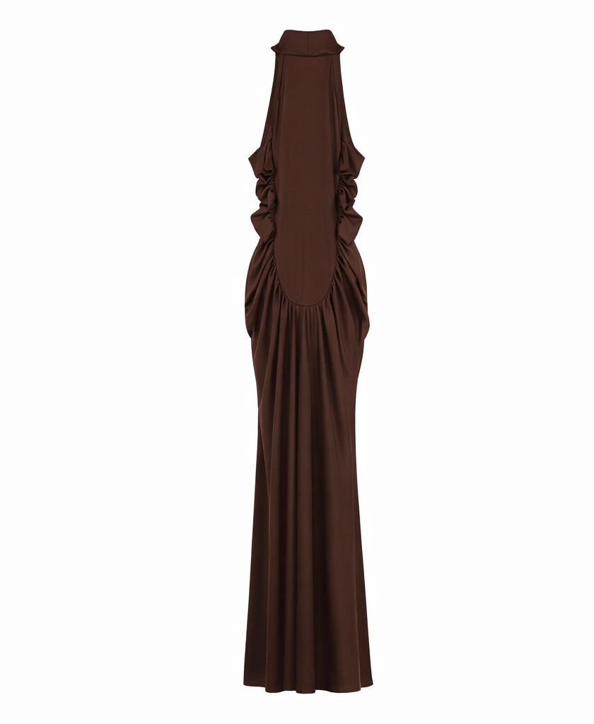 Signature Ruched Halter Gown – Deep Brown & Burgundy