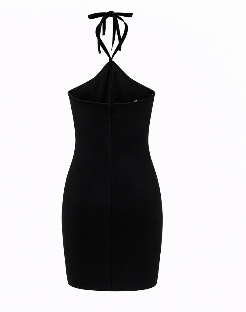 Black Crystal Embellished Halter Bandage Mini Dress