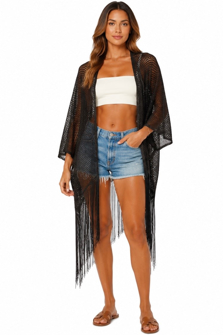 Shimmer Fringe Kimono ( Pink gold , Brown , Gold , Silver black , Silver , Black )