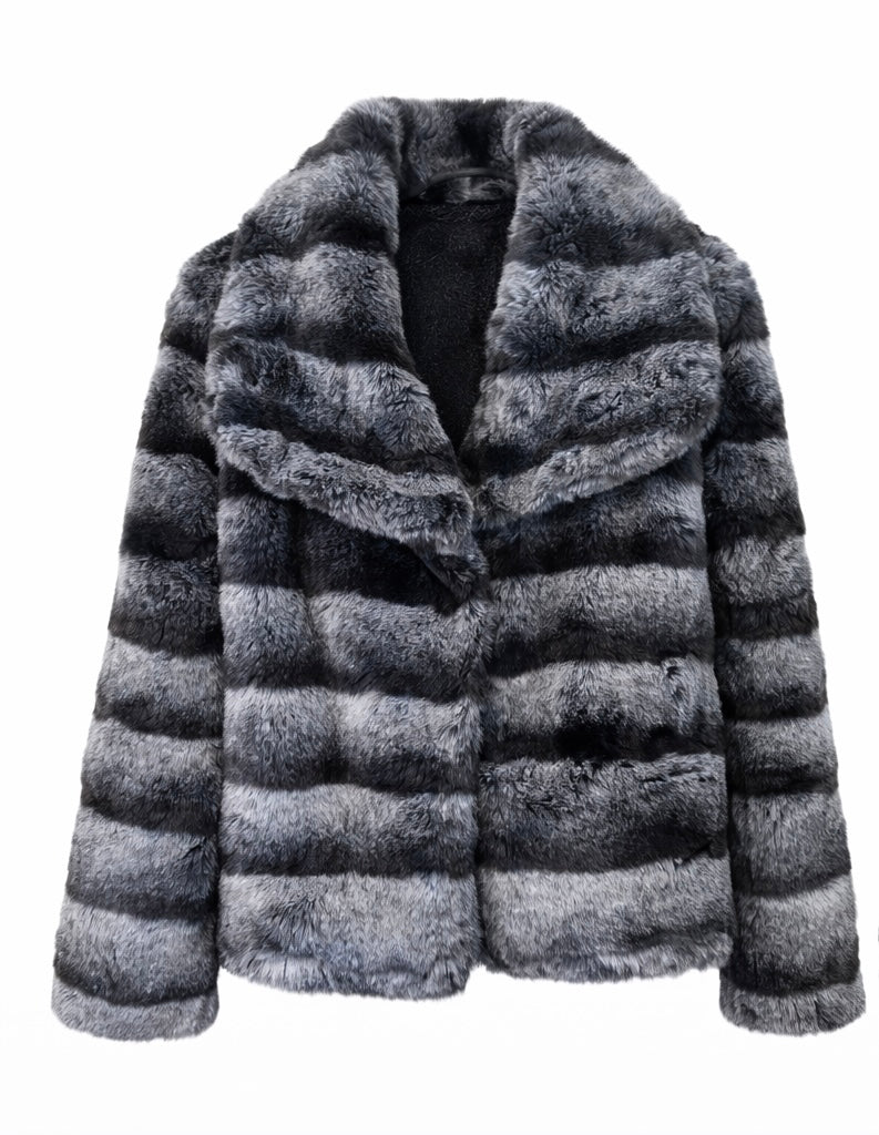Striped Eco Fur Jacket with Wide Collar – Black White
