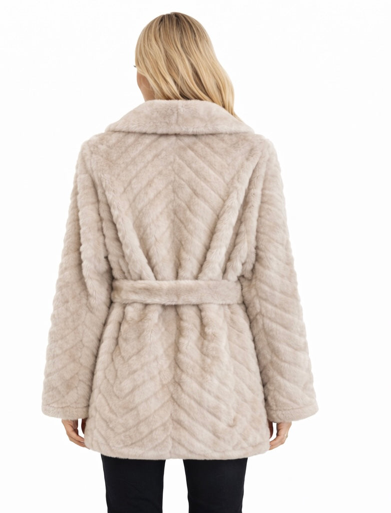 Cream Eco fur belted Coat