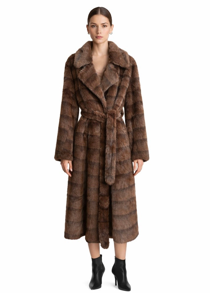 Belted Long Faux Fur Coat in Rich Brown
