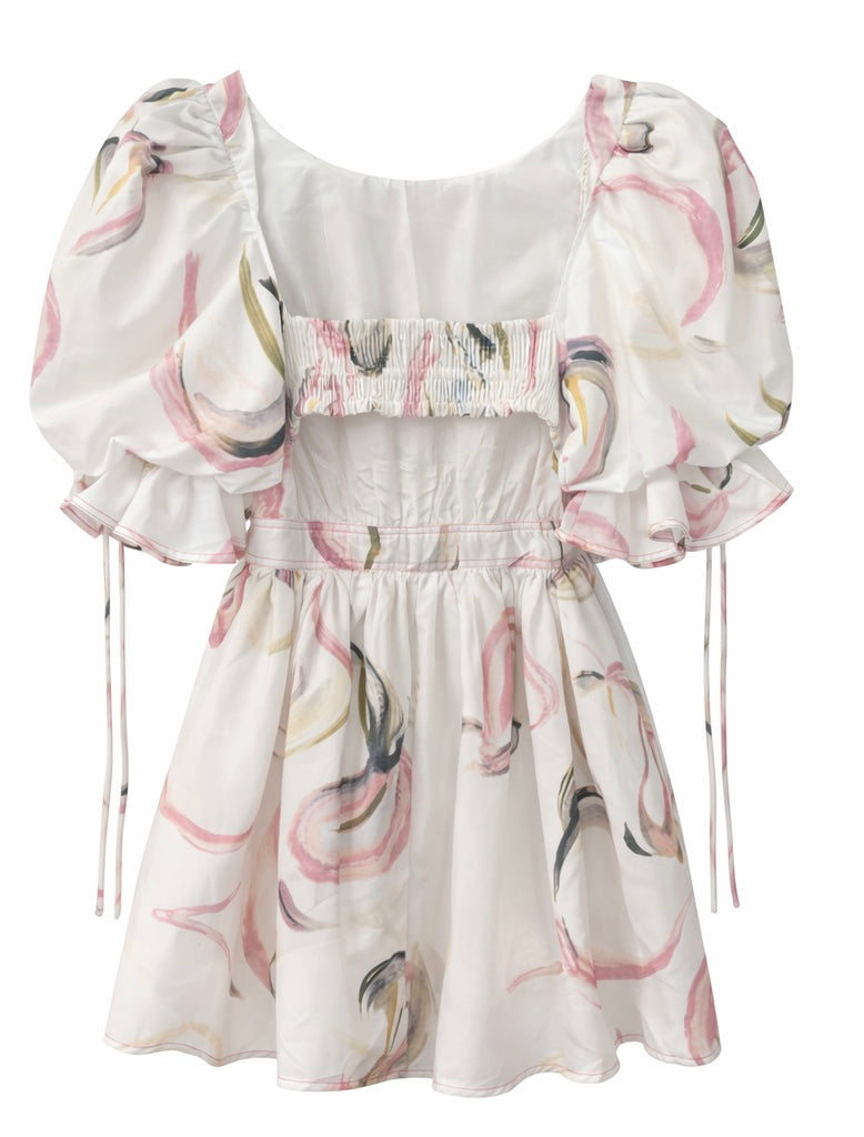 Printed Puff Sleeve Elastic Waist Dress