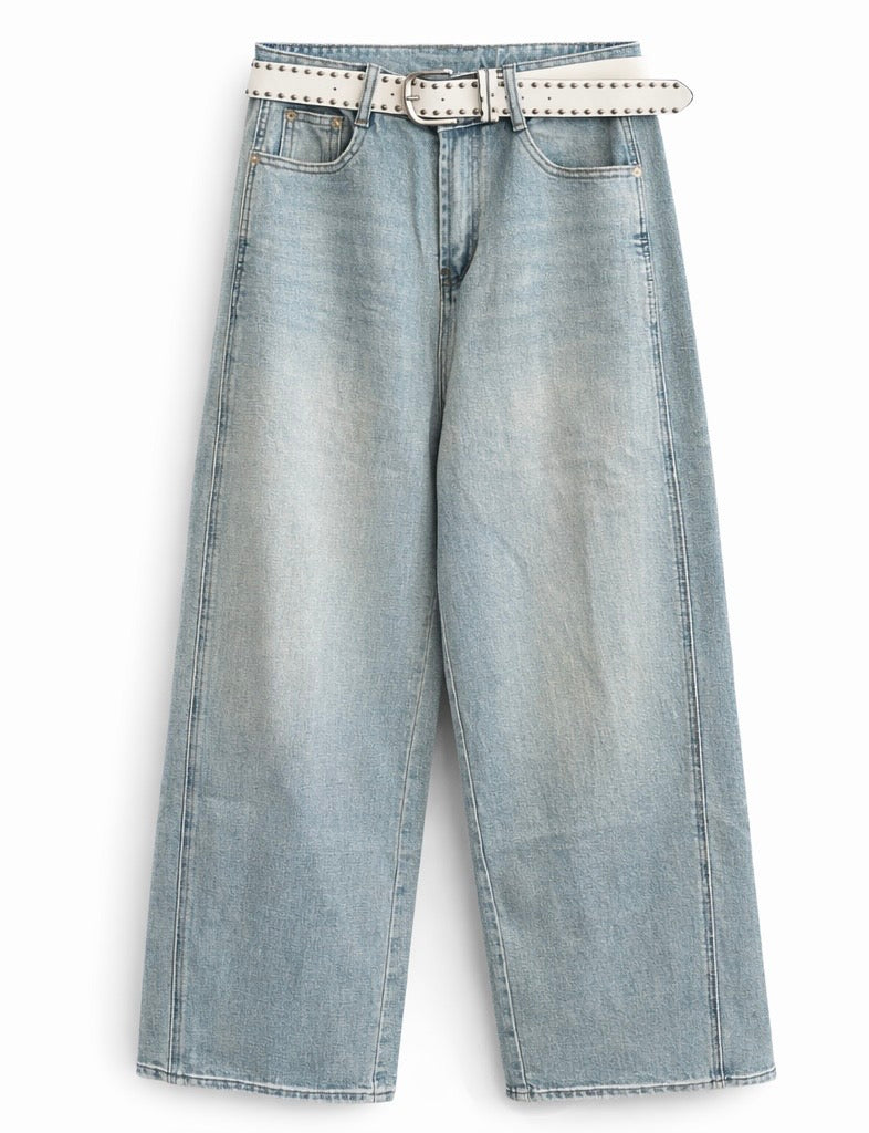 Vintage Blue Wide-Leg Jeans with Studded Belt