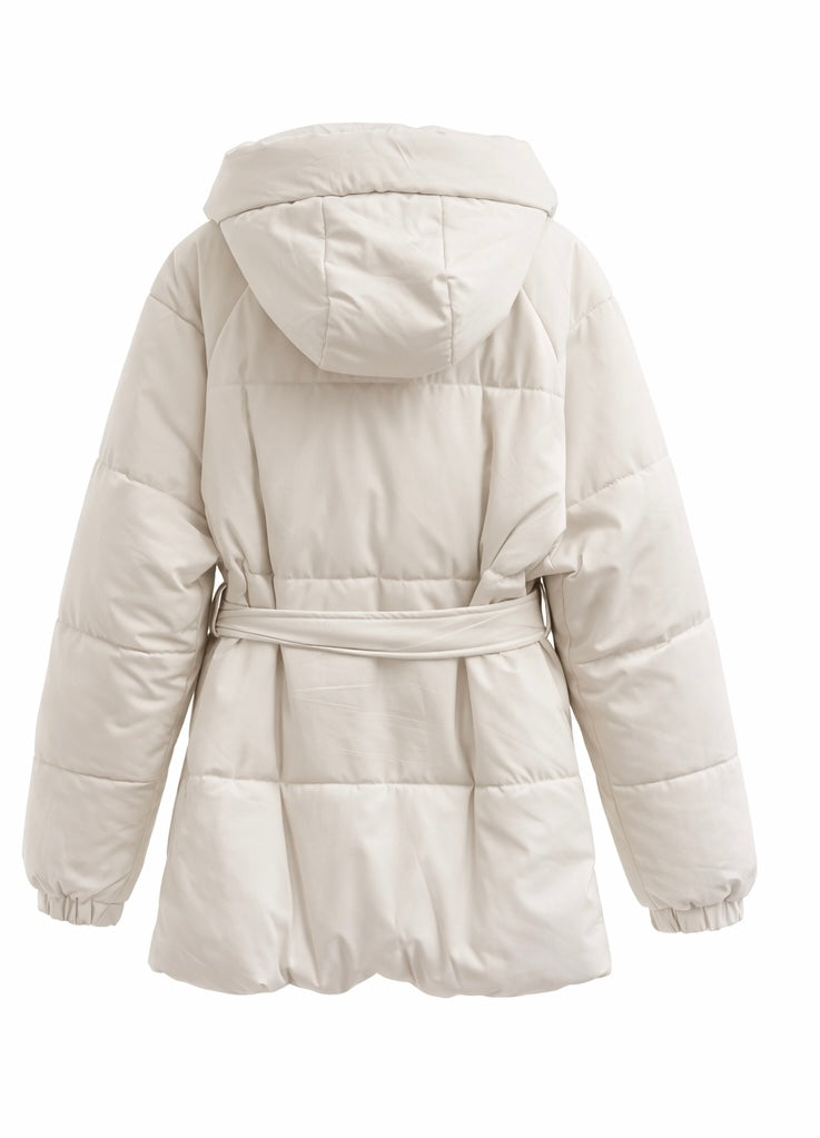 Belted Hooded Puffer Jacket in Cream