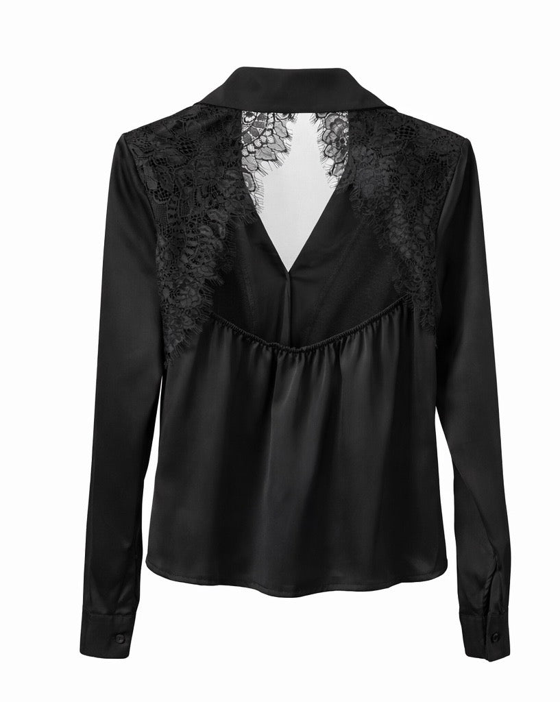 Satin Long Sleeve Lace Blouse - Black,white