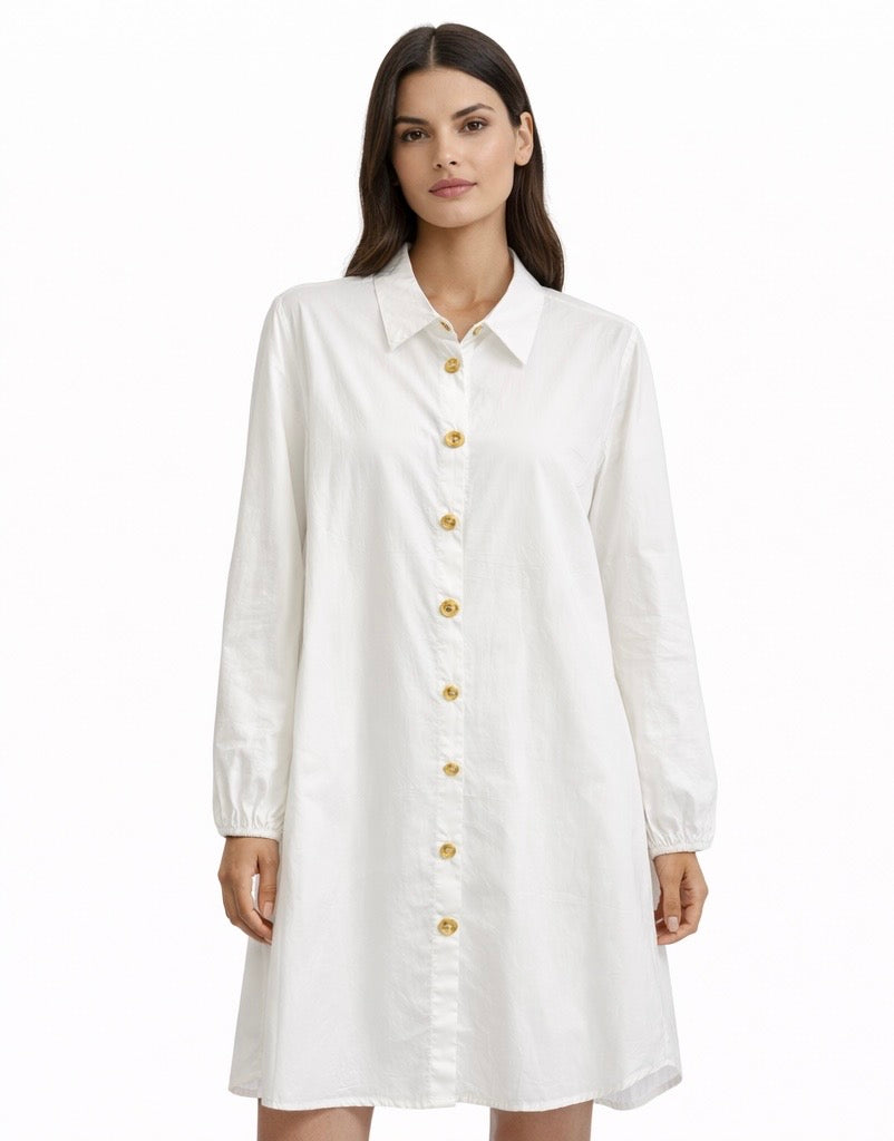 Long Chemise Shirt Dress with Gold Button Detail – White