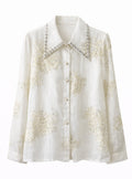 Embroidered Blouse with Rhinestone Collar - White