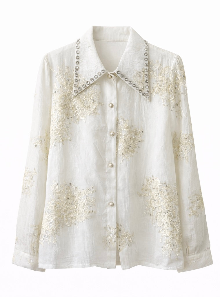 Embroidered Blouse with Rhinestone Collar - White