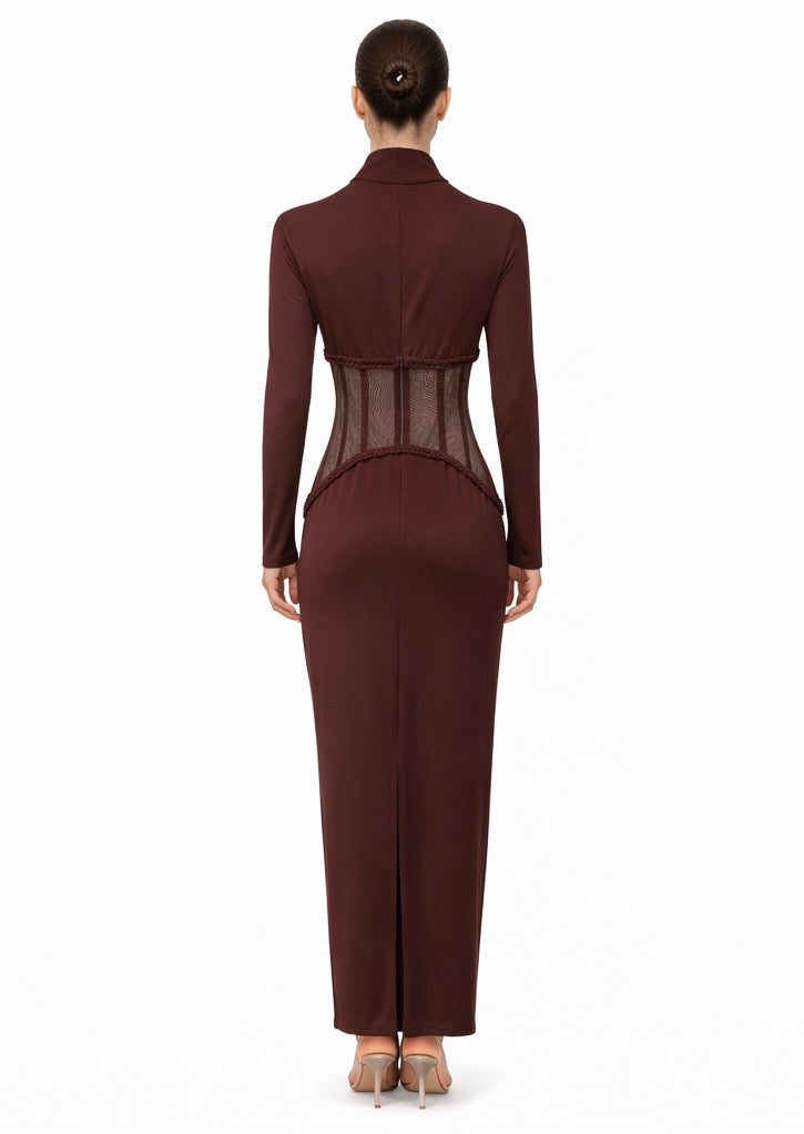 Chocolate Brown Mesh Corset Slim-Fit Maxi Dress