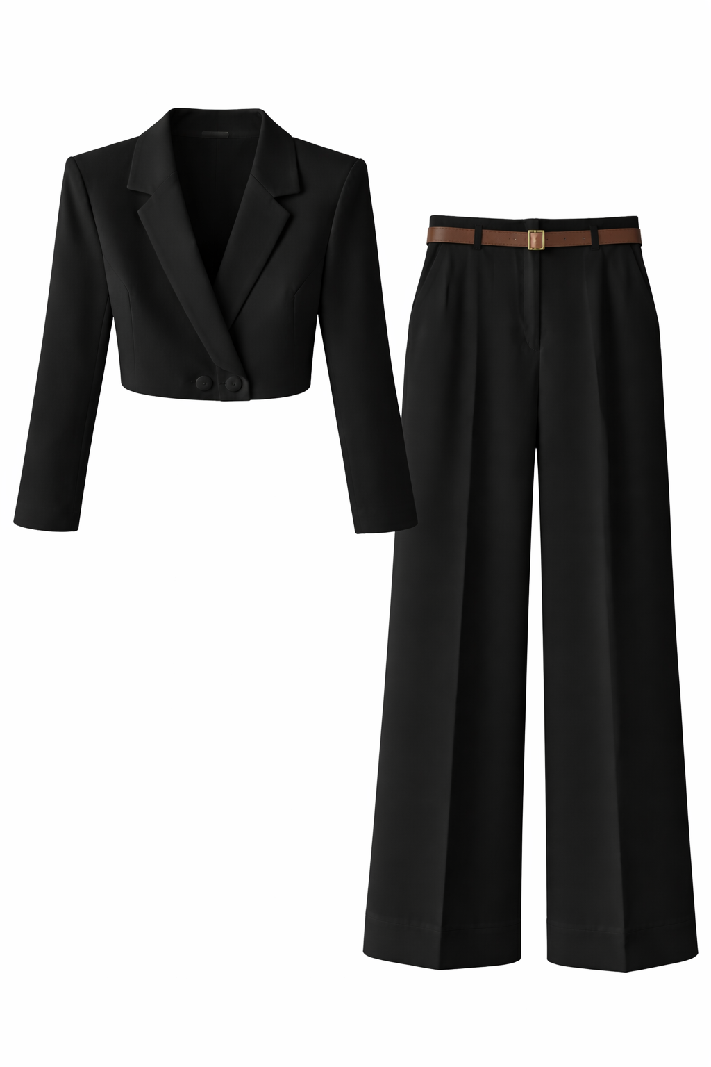 Tailored Cropped Blazer & Wide-Leg Trouser Set , Black , White