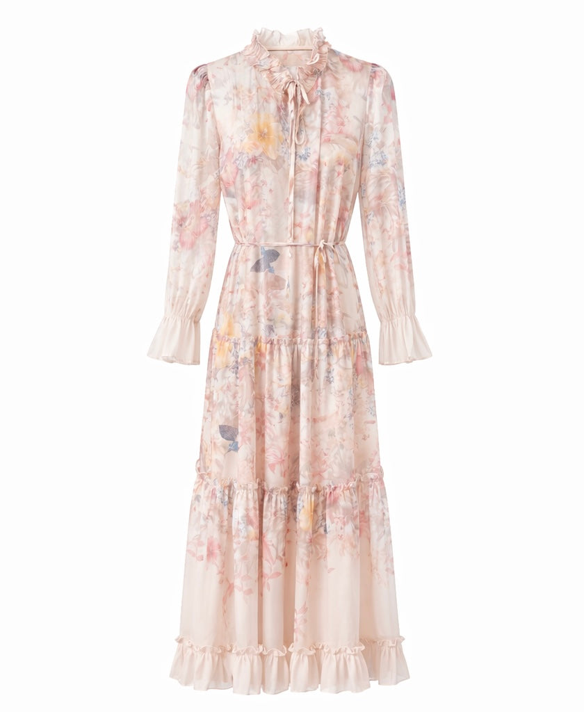 Elegant Floral Ruffle Neck Maxi Dress