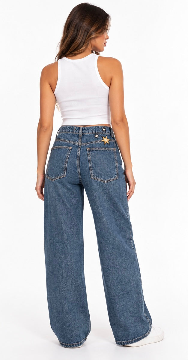 Star Embroidered Wide-Leg Jeans