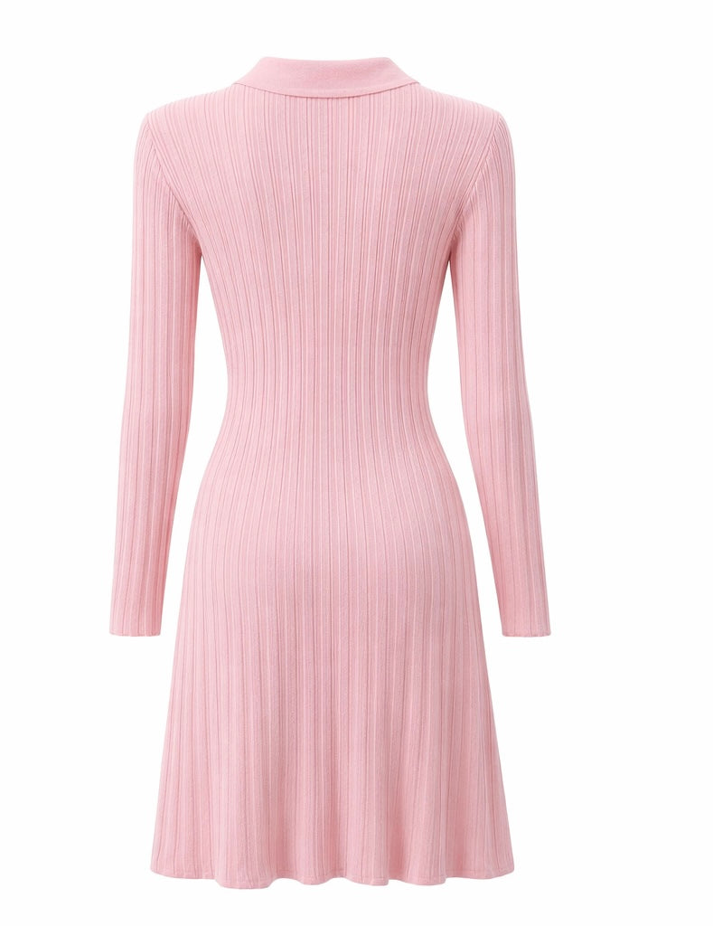 Pink Ribbed Long-Sleeve Knit Dress
