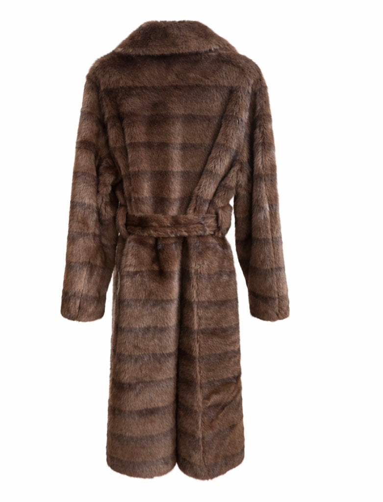 Belted Long Faux Fur Coat in Rich Brown
