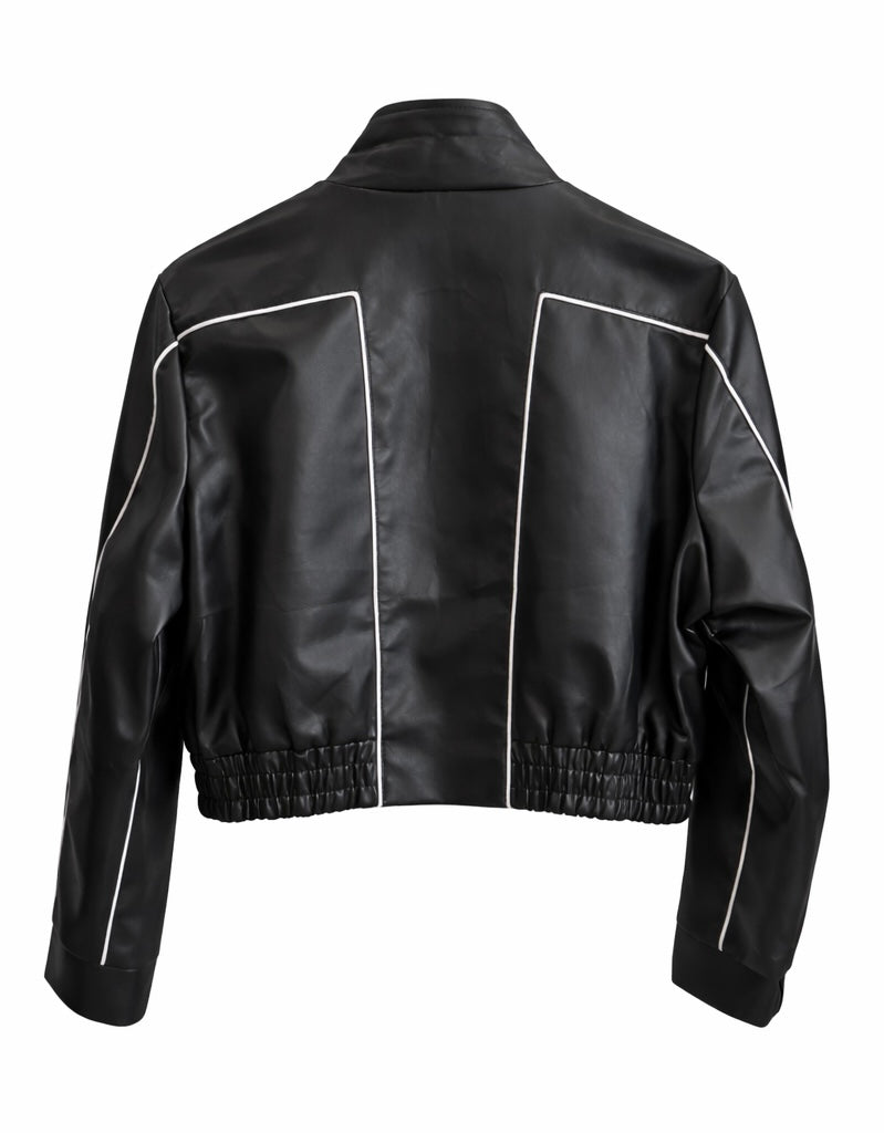 Structured Black Leather Jacket with Contrast Piping