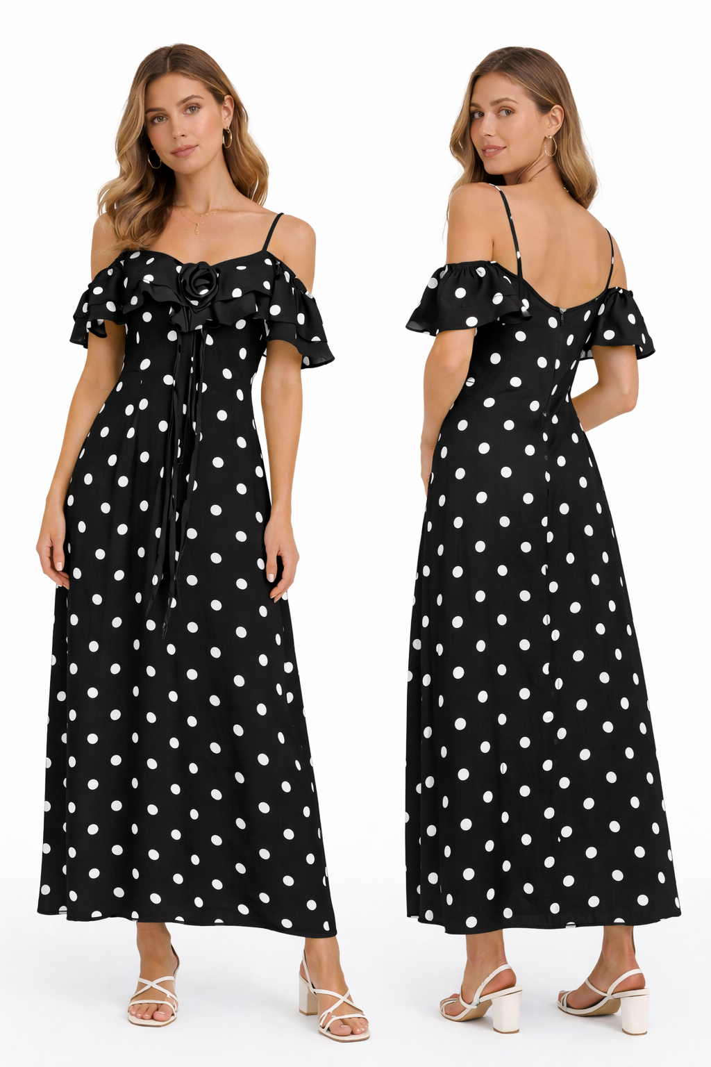 Off-Shoulder Polka Dot Maxi Dress - Aqua , Pistachio , black