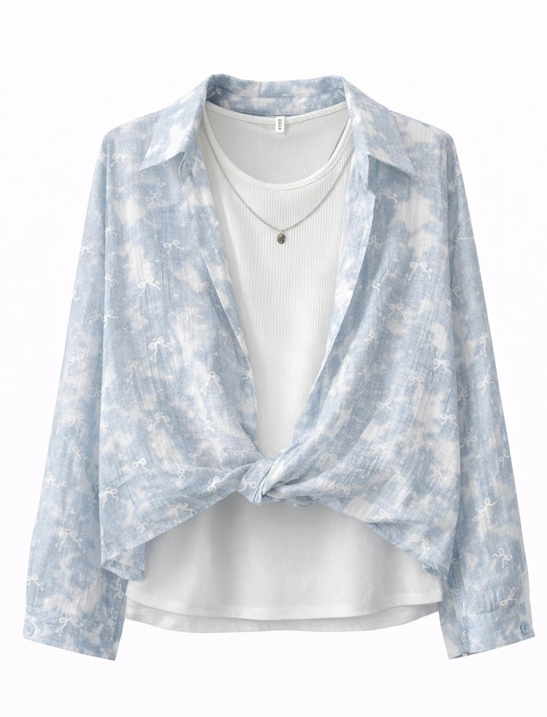 Light Blue Bow Print Layered Shirt