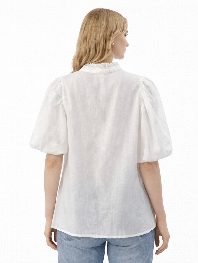 White Puff Sleeve Ruffle Neck Blouse