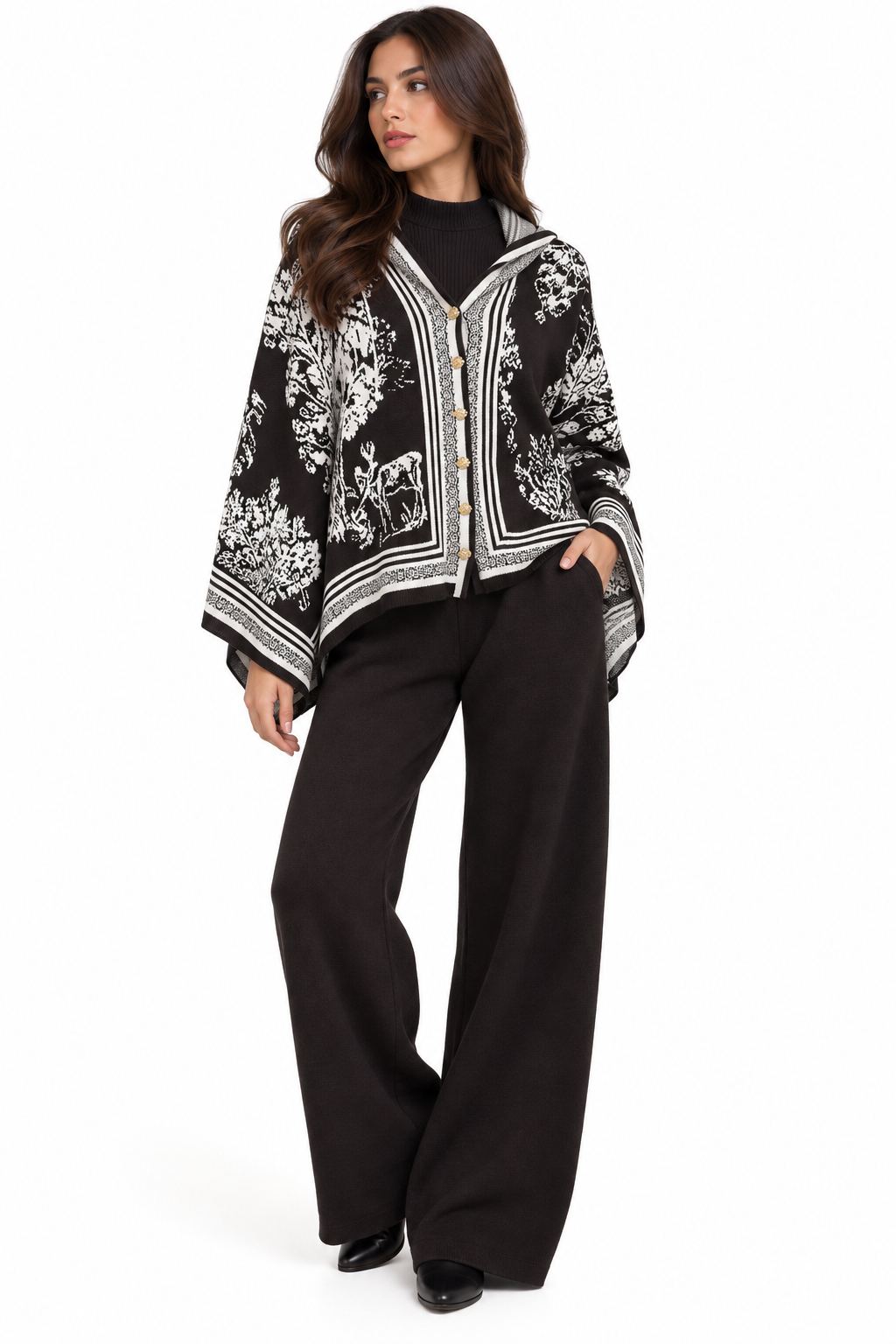 Printed Hooded Cardigan Set ( Pink , Brown , Beige , Black )