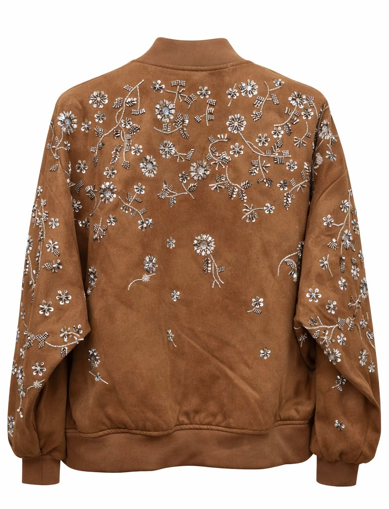 Luxury Brown Floral Embroidered Bomber Jacket