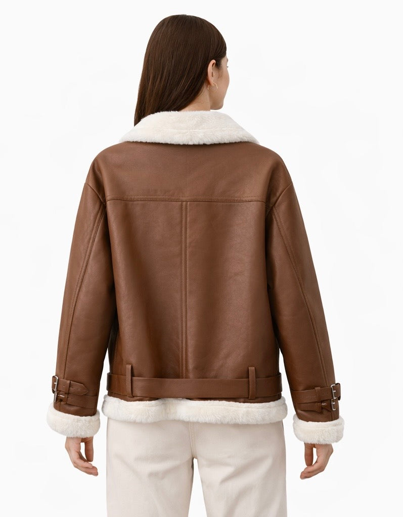 Shearling-Lined Faux Leather Aviator Jacket – Chocolate Brown