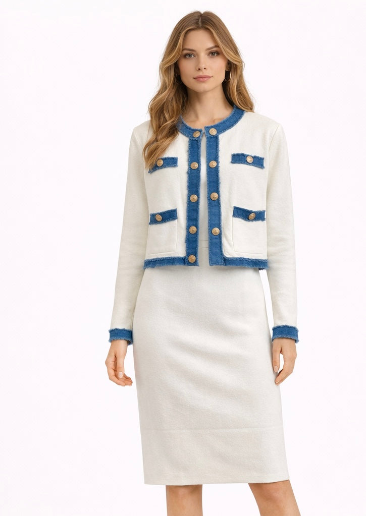 Modern Gold-Button Jacket & Dress Ensemble White