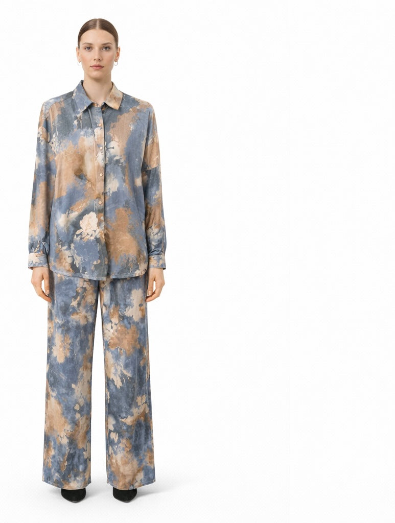 Abstract Print Shirt & Wide-Leg Pants Set