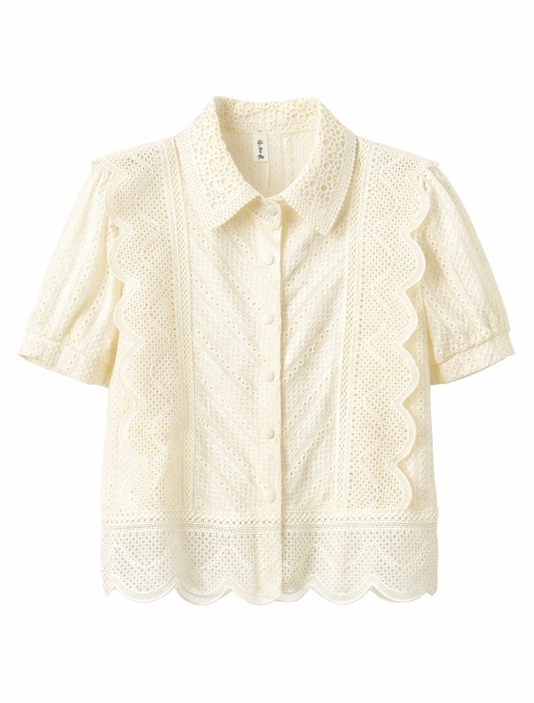 Romantic Floral Eyelet Lace Shirt - Butter Yellow , Light blue , pink , Black