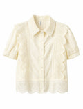 Romantic Floral Eyelet Lace Shirt - Butter Yellow , Light blue , pink , Black