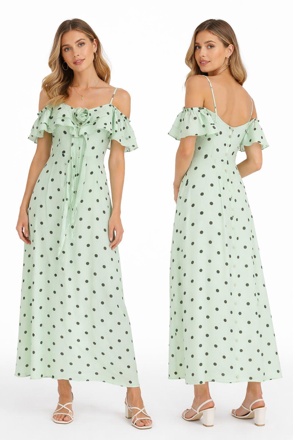 Off-Shoulder Polka Dot Maxi Dress - Aqua , Pistachio , black