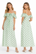 Off-Shoulder Polka Dot Maxi Dress - Aqua , Pistachio , black